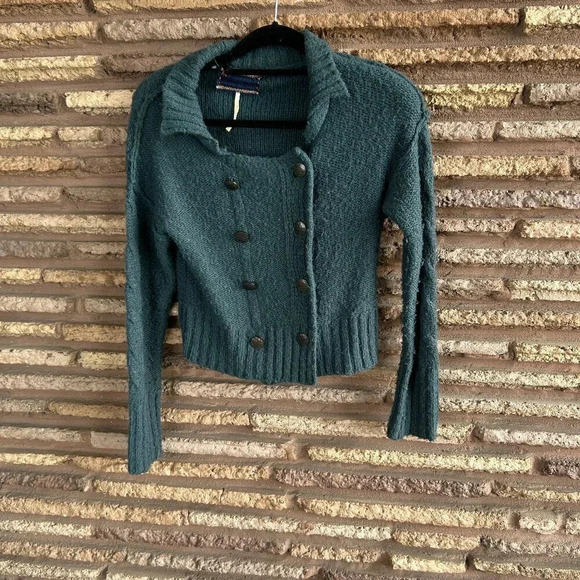 Free People Spruce Green Double Breasted Cropped Cardigan Sweater Size Small - Picture 1 of 7